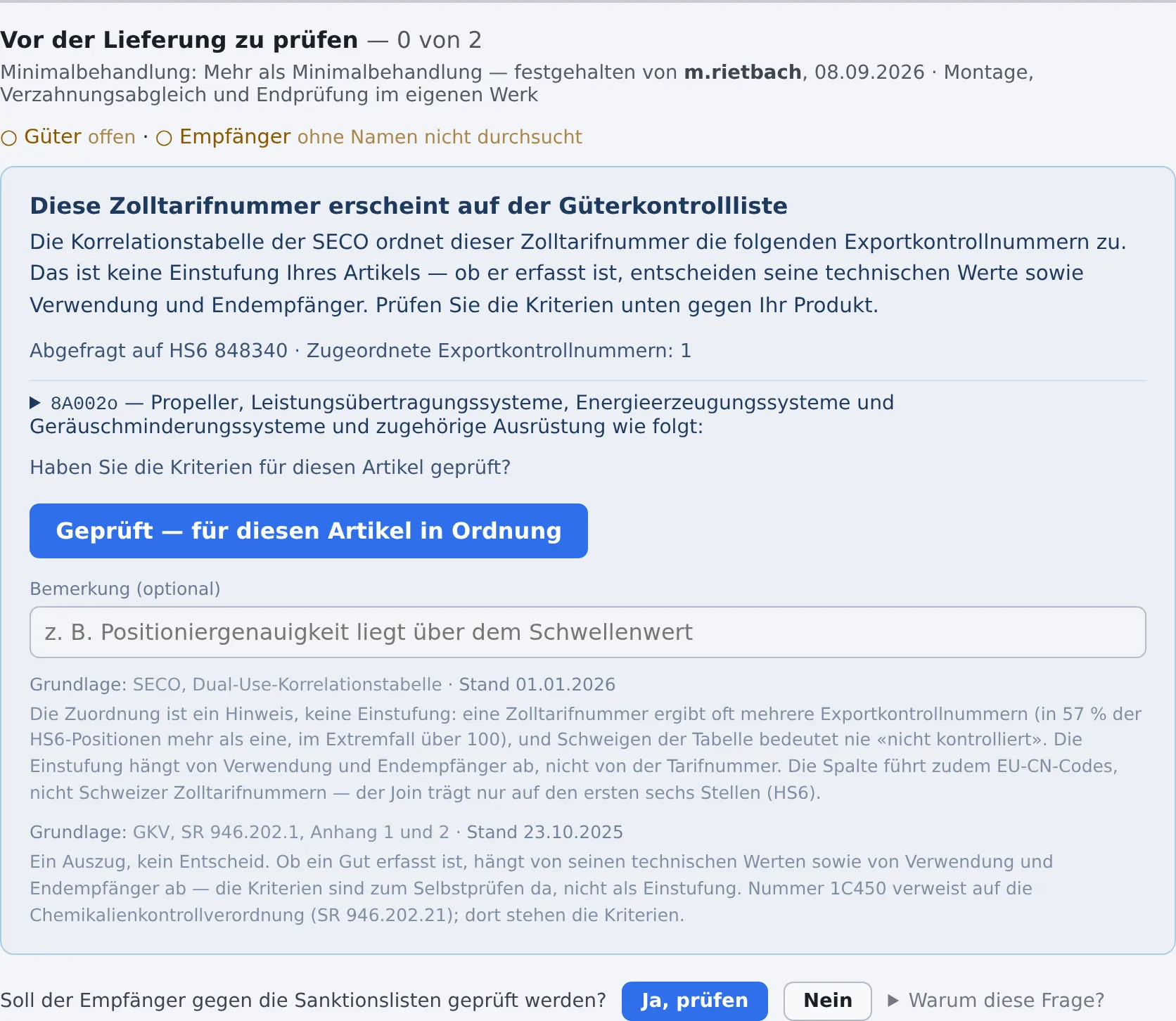 Vor der Lieferung zu prüfen: Güterkontrollliste mit Exportkontrollnummer 8A002o und Selbstprüfung, darunter die Frage nach der Sanktionsprüfung des Empfängers.