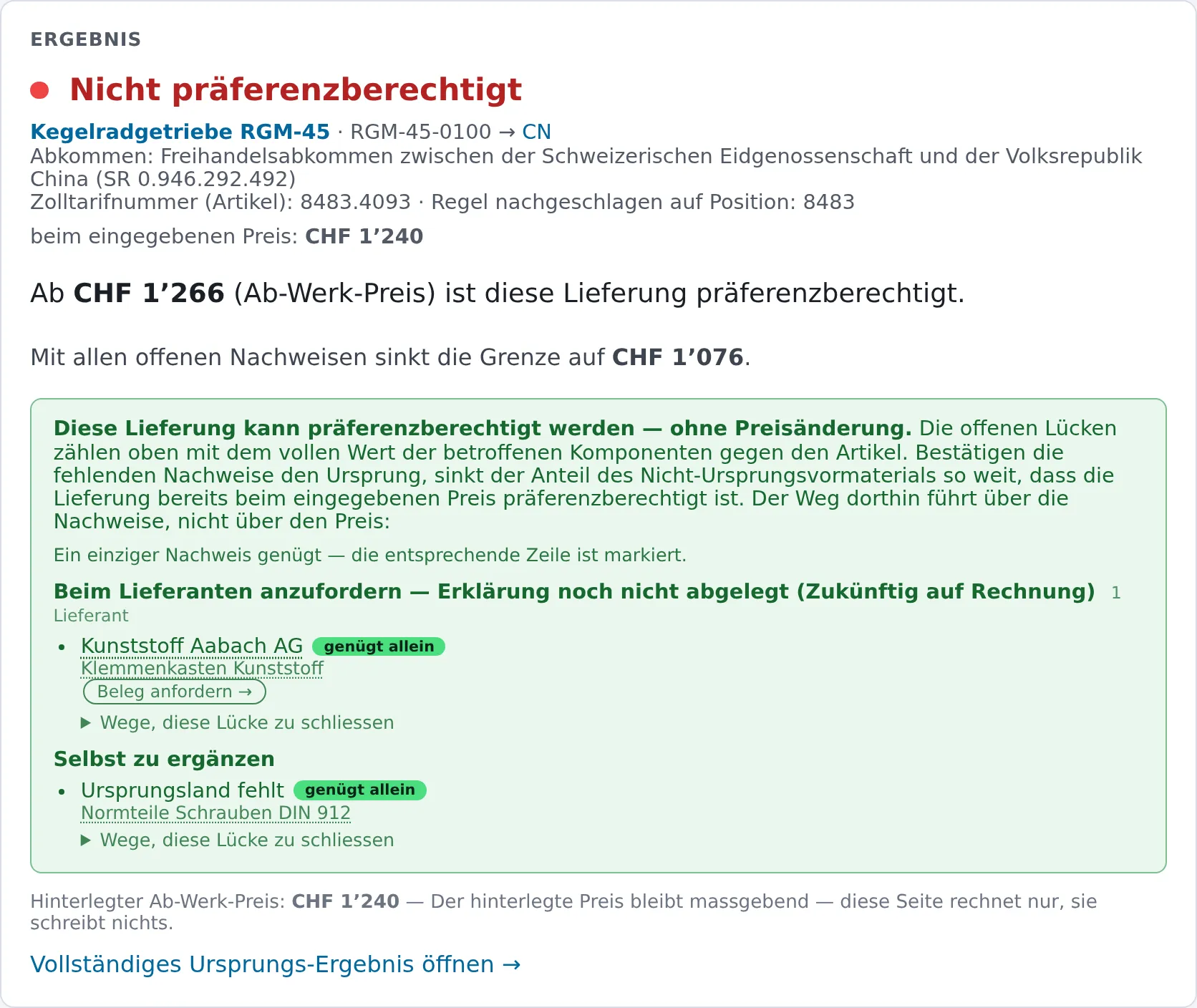 Präferenzrechner: nicht präferenzberechtigt, ab CHF 1'266 präferenzberechtigt, mit zwei offenen Nachweisen ab CHF 1'076.